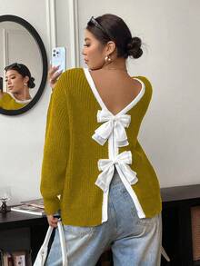 Elenzga Sweater Lengan Panjang Kerah Bulat Kasual Wanita Ukuran Besar dengan Pita, Musim Gugur/Musim Dingin - Mustard Yellow - View 6