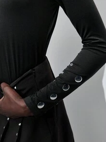 Maija 女士纯色立领长袖纽扣修身休闲T恤，黑色，适合圣诞节、感恩节、万圣节等场合穿着；黑色哥特风上衣，舒适保暖，适合秋冬季节；波点高弹力时尚系列