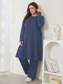 Lacomfia 2pcs Plus Size Casual Solid Color Side Split Top And Pants Set, Autumn, Casual Muslim Fashion Suit Longline Co-Ords, For Casual Daily 2 Pieces Set Modest - Blue - View 6