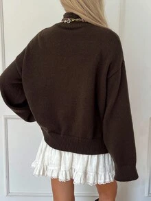 DAZY 女士宽松休闲高领套头毛衣，棕色，商务/通勤风格，秋冬 - 棕色 - 查看 2