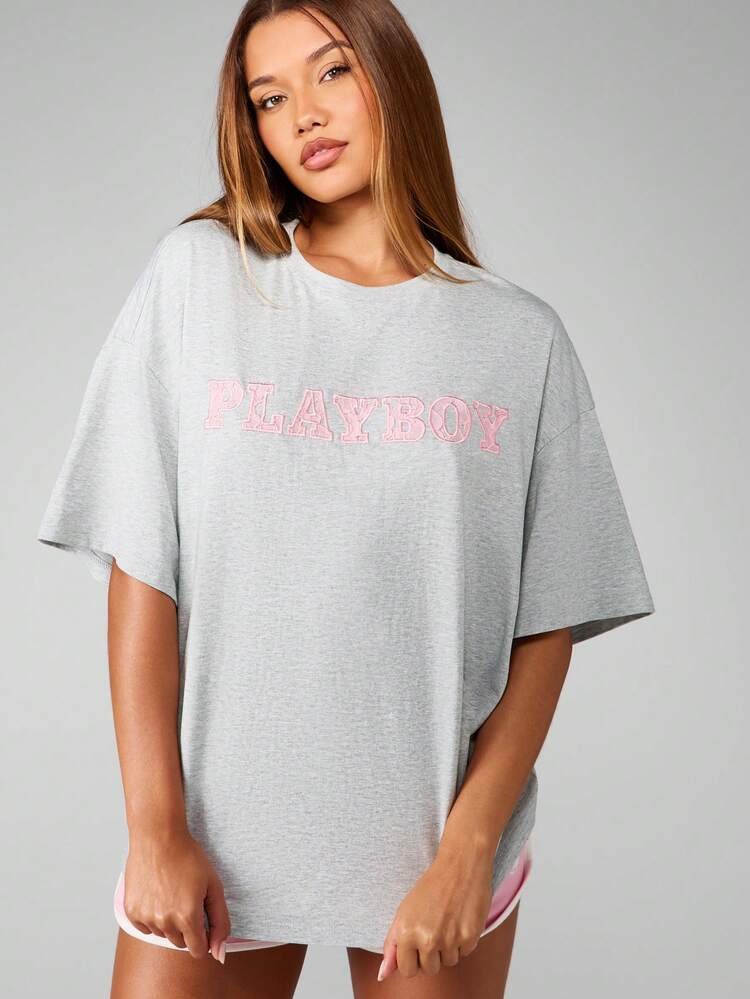 Missguided x Playboy Oversized Graphic T-Shirt With Lace Applique Number Short Sleeve Casual Summer Streetwear College Aesthetic Cotton Blend Top