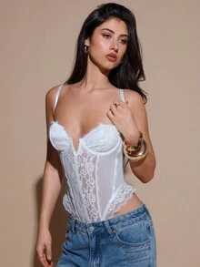 SHEIN BAE Women's Elegant Sexy Solid Color Lace Patchwork Bodysuit - White - View 5