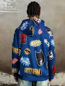 BATMAN X SHEIN Men's Casual Letter Graphic Pocket Hoodie, Autumn, Long Sleeve Top - Navy Blue - View 2