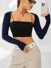 Comfortcana Spring Solid Crop Cardigan Without Cami Black Top In Fall/Winter - Navy Blue - View 3