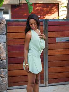 Yess Loren New Sexy Backless Solid Color Halter Plunge Draped Neck Ruffle Asymmetric Hem Mini Dress For Summer,Mint Green Dress - Mint Green - View 4
