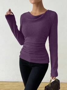 Almamuse Vintage Asymmetrical Draped Neck Textured Ruched Fitted Long Sleeve T-Shirt - Purple - View 6