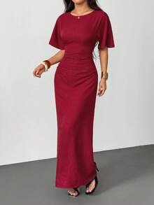 SHEIN PETITE 女式夏季纯色亚麻混纺休闲优雅连衣裙， - 紅木色 - 查看 2