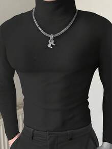 Manfinity Camiseta de manga larga con cuello alto de unicolor casual para hombres de talla grande, otoño/invierno - Negro - Ver 1