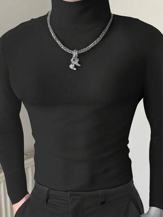 Manfinity Plus Size Men's Casual Solid Color Stand Collar T-Shirt, Autumn/Winter, Long Sleeve Top