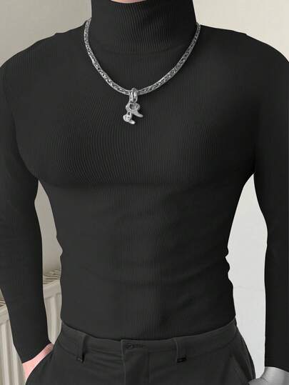 Manfinity 男士加大码休闲纯色立领T恤，秋冬季长袖上衣