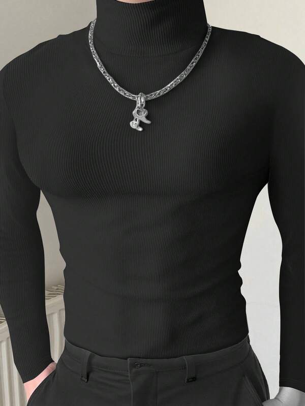 Manfinity Plus Size Men's Casual Solid Color Stand Collar T-Shirt, Autumn/Winter, Long Sleeve Top