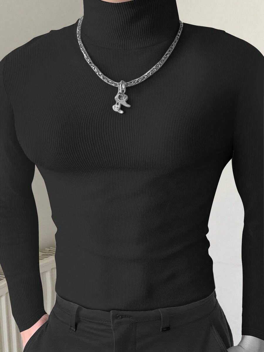 Manfinity Camiseta de manga larga con cuello alto de unicolor casual para hombres de talla grande, otoño/invierno - Negro - Ver 1