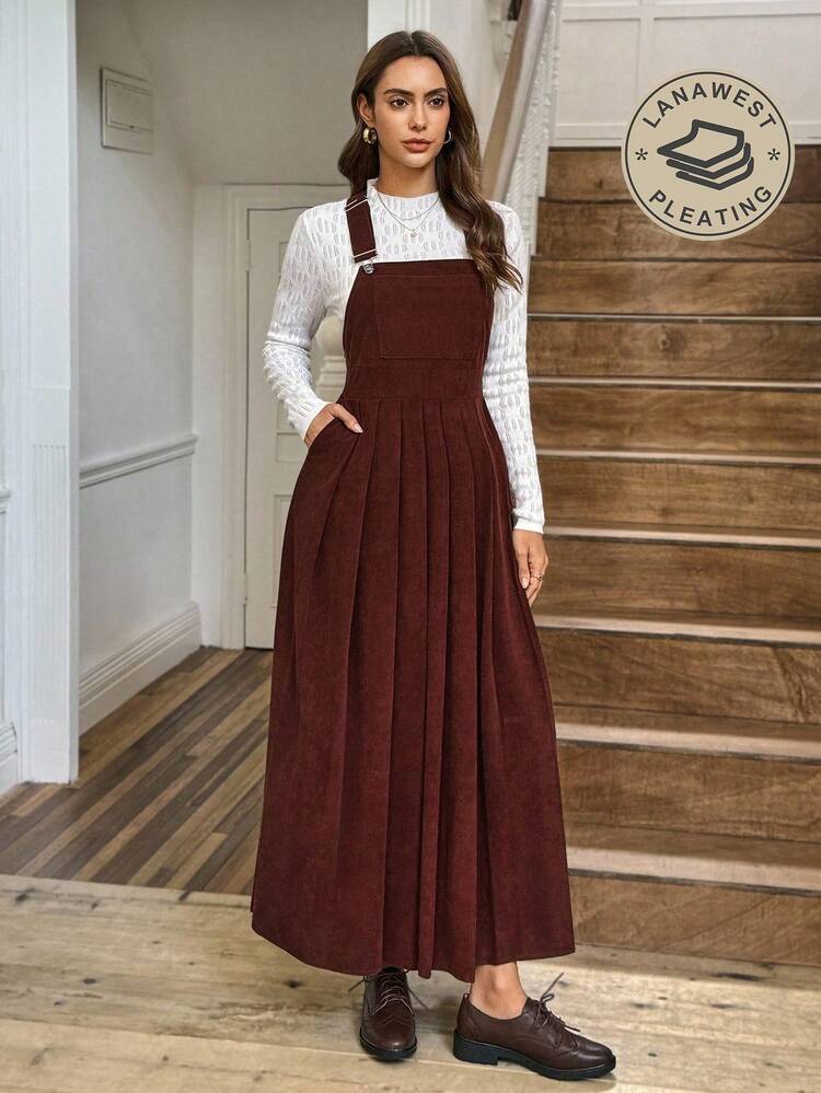 burgundy corduroy dress womens SHEIN LUNE Women's Sleeveless Adjustable Strap Midi Jumper Dress,Pleated Loose Hem Casual Vintage School Summer Back-To-School Street Style DRESS DETAILS