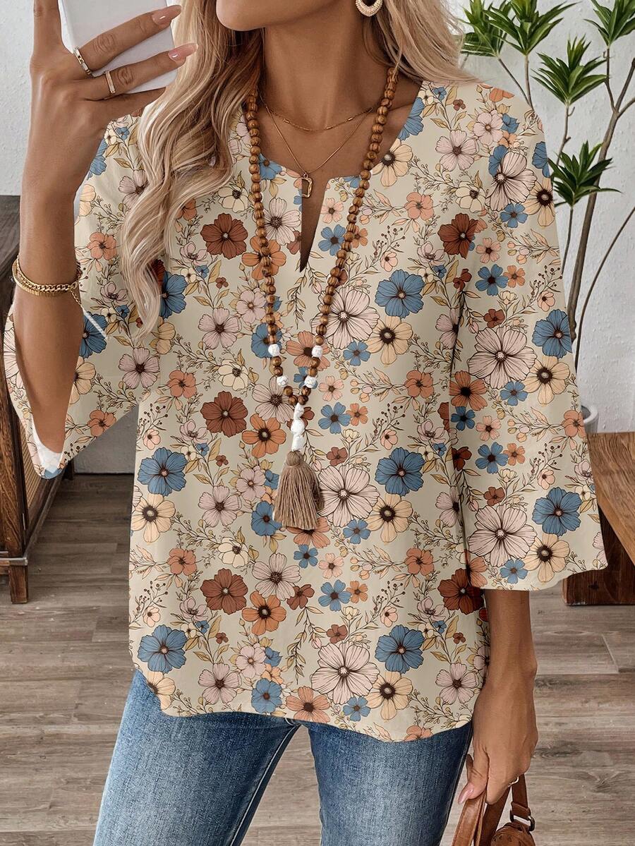 EMERY ROSE Blusa de trabajo con cuello en V y mangas 3/4 para mujer, adecuada para otoño/invierno, con estampado floral diminuto y vintage