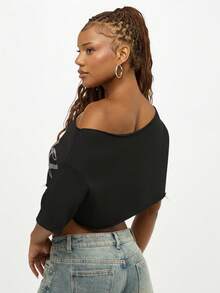 SUMWON WOMEN 水钻文字露肩短款上衣 毛边休闲夏季节日派对时尚个性短款 T 恤 - 黑色 - 查看 2