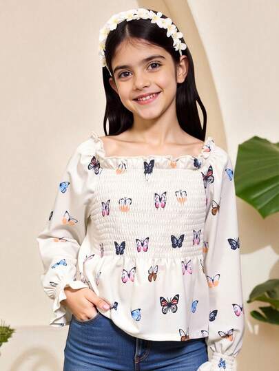 Tween Girl Butterfly Print Flounce Sleeve Peplum Blouse