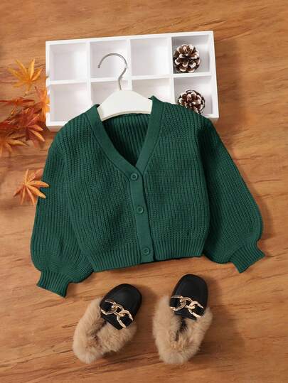 SHEIN Baby Girl Casual Solid Color Lantern Sleeve Cardigan, Autumn/Winter