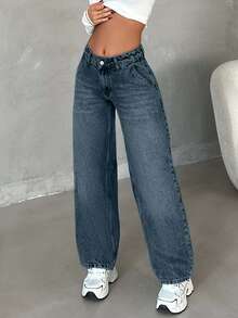 EURMUSE Jean droit taille basse avec lavage neige - Bleu gris - Voir 7