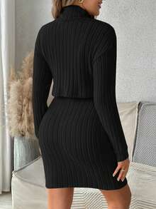 SHEIN 2pcs/Set Maternity Solid Color Turtleneck Long Sleeve Ribbed T-Shirt And Sleeveless Dress, Casual - Black - View 2