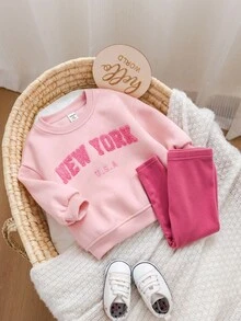 SHEIN Babygirl Casual Graphic Letter Print Sweatshirt Set, Autumn/Winter - Pink - View 7