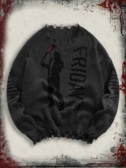 Friday the 13th X ROMWE كنزة صوفية رجالية بياقة طاقم بنمط أفلام الرعب المحبوكة، داكنة وجذابة، للخريف والشتاء