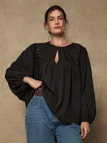 Freevana Áo cánh tay đèn lồng thêu khoét rỗng cỡ lớn cho nữ thời trang rộng rãi - Màu xanh lam - Xem 4