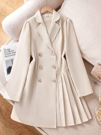 SHEIN Teenage Girls' Comfortable Casual Elegant Princess Style Button-Up Short Jacket And Pleated Dress Set, Spring/Autumn