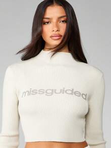 MISSGUIDED Ribbed Mock Neck Long Sleeve Crop Fitted Winter Knit Sweatshirt With Text Branding For Fall Essential Fashion Wardrobe