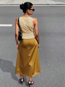 Maija Women's Plaid Single-Breasted Tweed Vest And Yellow Mustard Gold Satin Mini Skirt Set,Elegant Office Business Casual Autumn Suit Set - Multicolor - View 5