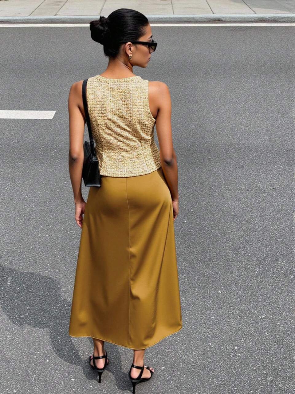 SHEIN Maija Women's Plaid Single-Breasted Tweed Vest And Yellow Mustard Gold Satin Mini Skirt Set,Elegant Office Business Casual Autumn Suit Set