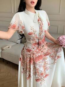 Modelyn Tie-Up Waist Ruched Floral Print Flared Dress For Women - Multicolor - View 5