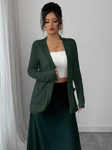 EMERY ROSE Women's Casual Ribbed Brushed Open Front Side Pocket Shorts Jacket, Lightweight - Green - View 3