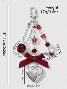 ROMWE Kawaii 1pc Y2K Fashionable Delicate Silver Hollow Resin Star Wing Heart Ribbon Bow Crystal Strawberry DIY Heart Keychain Bag Charm, Suitable For Women/Girls Daily Wear, Holiday Gift - Burgundy-54 - View 9