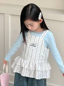 DAZY 女童条纹刺绣吊带背心 - 藍色 - 查看 3