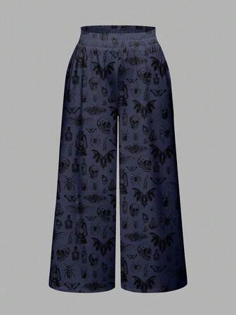 Goth Pantalones de otoño de talla grande para mujer con estampado bohemio, vintage y oscuro de araña, esqueleto y alas