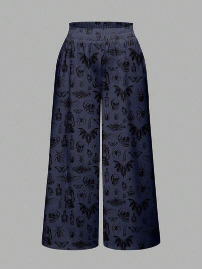 Goth Pantaloni da donna taglie forti in stile boho, vintage scuro, con stampa di scheletro di ragno e ali, adatti per l'autunno