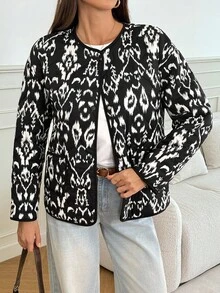 SHEIN Tall 女士冬季时尚全印花通勤夹克 - 黑色 - 查看 6