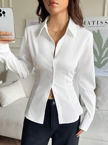 SHEIN EZwear 1pc Women's Solid Color Button Front Long Sleeve Casual Blouse - White - View 5