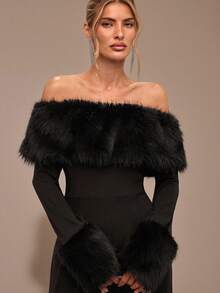 SHEIN BAE 黑色露肩毛绒连体裤，紧身长袖毛衣连体裤，保暖内衬厚秋冬连体裤，适合鸡尾酒会、浪漫约会、分层穿着、聚会、派对、正式活动、万圣节、圣诞节 - 黑色 - 查看 3