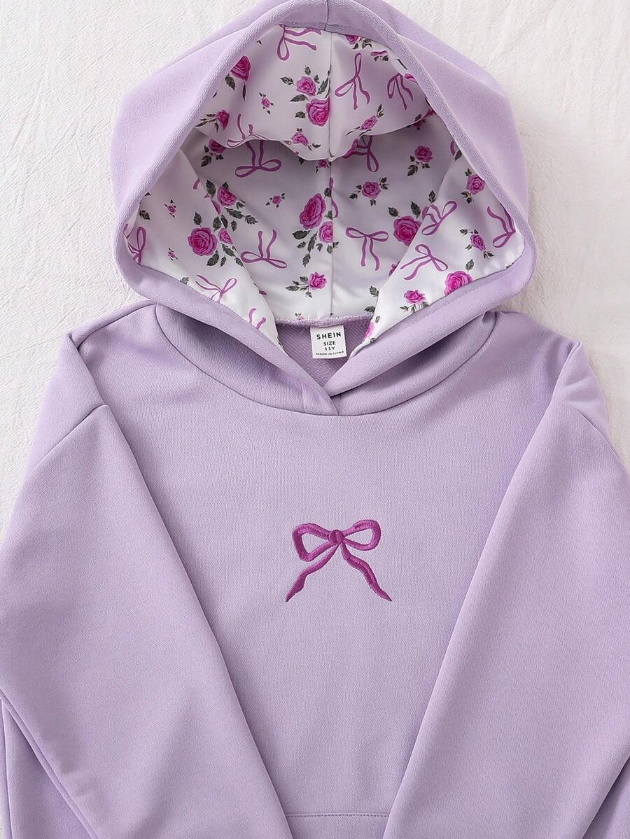 少女休闲可爱粉色蝴蝶结刺绣卫衣 - 淡紫色 - 查看 1