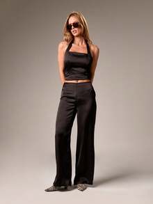 AiiRZ Wide Leg Party Pants Satin Evening Trousers Silky Wedding Reception Formal Palazzo Pants Party Evening Special Occasion High Rise - Black - View 5