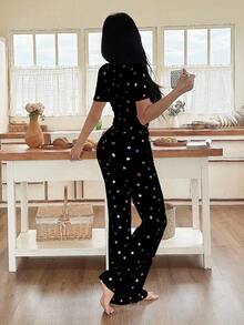 SHEIN Women's Casual Heart Print Square Neck Tight Top And Flared Pants Pajama Set Cute Lounge Set Heart Pajama Set Women Heart Pajama Set Two Pieces Pajama Set Women Lounge Set - Multicolor - View 2