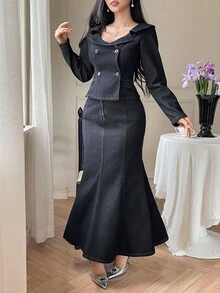 DAZY 女士束腰彼得潘领长袖开衫和长款美人鱼裙优雅牛仔套装 - 深色水洗藍 - 查看 1