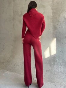 Firerie Conjunto de suéter feminino de malha com manga comprida e bainha assimétrica, cor sólida, conjunto casual de malha para deslocamento diário, conjunto de suéter assimétrico, conjunto feminino para deslocamento diário, conjunto vinho tinto, conjunto de blusa solta, roupas de primavera/outono/inverno, elegante, para deslocamento diário, casual, diário, minimalista