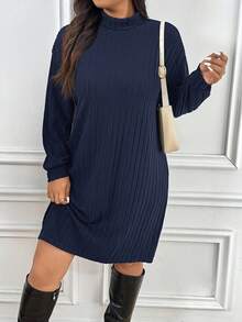 SHEIN Frenchy 大码女式纯色立领落肩休闲罗纹宽松连衣裙 - 藏蓝色 - 查看 2