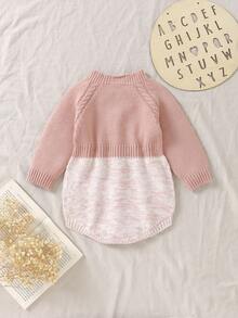 1pc Pink Infant Knit Bodysuit, Casual Minimalist Baby Bodysuit, Fashion Round Neck Long Sleeve