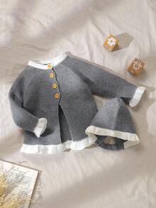 2pcs Baby/Toddler Grey Sweater Set - Long Sleeve Cardigan Jacket + Adorable Ruffled Hem & Cuff Beanie Hat