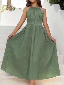 SHEIN Young Girls, Teenage Girls, Fashion Design, Casual Vacation, Waist Halter Neck, Backless Sleeveless Dress, High-End Green Dress, Halter Neck Dress, Vacation Dress, Waist Pleated Dress, Fashionable Design, Cutting-Edge Fashion Design, Can Be Worn Indoors And Outdoors, Simple Style, Suitable For Indoors, Outdoors, Daily Life, Sports, Play, Party, Photo Shoot, Vacation, Festival - Multicolor - View 3