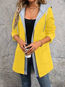 EMERY ROSE Color Block Thermal Lined Hooded Pocket Casual Long Sleeve Jacket - Yellow - View 6