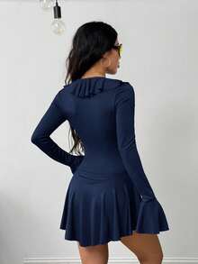 Coolane 女式夏季西部牛仔风 Y2K 弹力荷叶边 V 领系带前褶迷你优雅棕色连衣裙 - 藏蓝色 - 查看 5